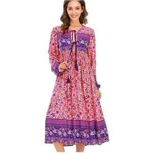 R. Vivimos Boho Bohemian Women's  Pink Floral Tassels  Midi Dress Sz L 12-14 #CC
